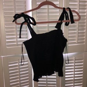 Ruched black tank top with tie straps